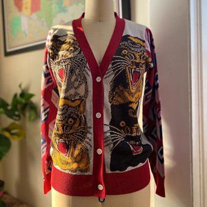 Tiger Cardigan with Glittery Sleeves - Fall Colors